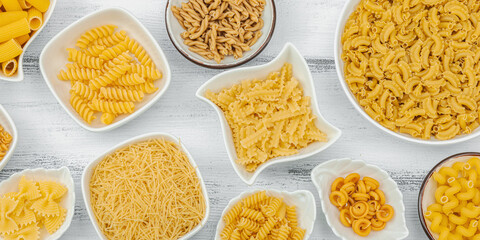 Pasta. Various kinds of uncooked pasta and noodles over wooden background