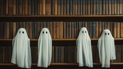 Old library filled with books of haunted stories and ghostly figures