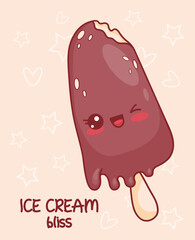 Chocolate ice cream on stick with drops. Cute sweet kawaii cartoon character. Vector illustration. Kids collection