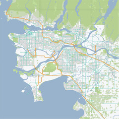 Fototapeta premium Road map of Vancouver in Canada. Contains layered vector with roads water, parks, etc.