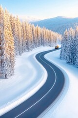 Fototapeta premium Winding road cut through snowy forest landscape at dawn