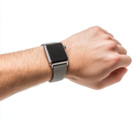 An empty smartwatch display is shown on a gray hand. A metallic steel hand clock is pictured wearing a metal band.