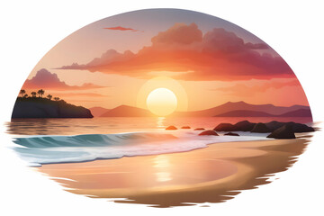 Photo Realistic as Sunset over a peaceful beach concept as A serene beach scene with the warm hues of sunset symbolizing relaxation and hard work perfect for business presentations needing a clean and