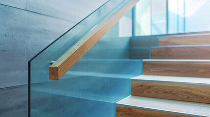Close-up of a frameless glass staircase railing with wooden steps