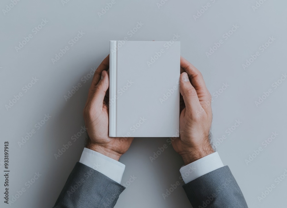 Poster an arm holding a clear magazine template mockup shows a hand holding a white notebook with blank cov