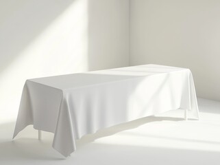 A bank white tablecloth mockup, clipping path, 3D rendering. Colorful tablecloth mockup isolated on a white desk template. Kitchen table with clean textile overlay. Setting a cafe table.