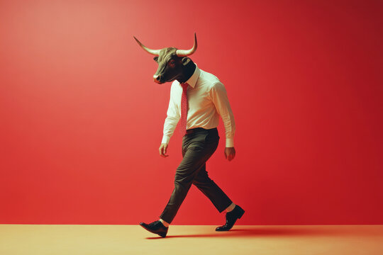 A bull dressed in a white shirt and red tie walks against a vibrant red background, symbolizing strength and determination in business. - Powered by Adobe