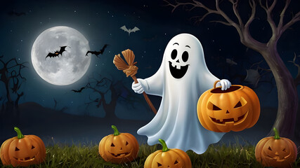 Happy Halloween Trick or Treat Background with ghost carrying a bag for candy.