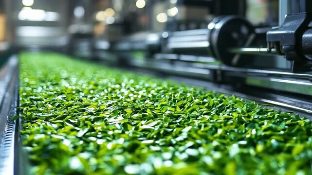The Processing green tea leaves on a conveyor belt in a busy factory.