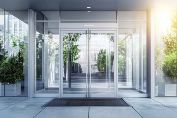 Commercial building entry mock up with sliding glass doors. Office exterior outdoor template. Shopping center facade, sunset view. Emporium facade.