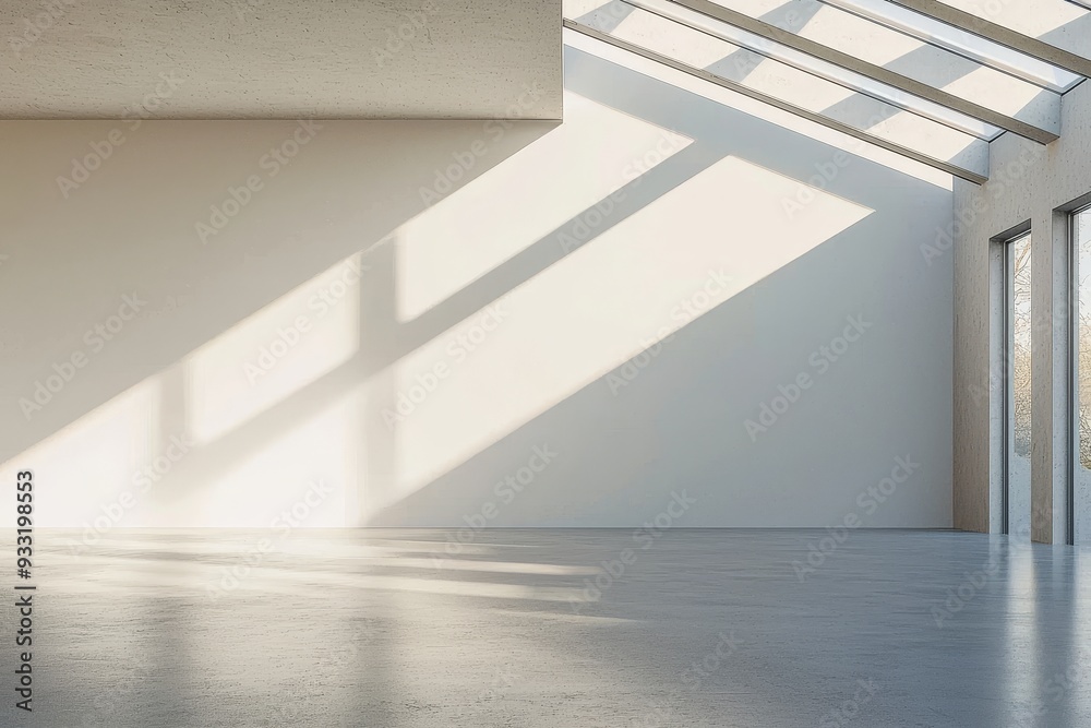 Aufkleber 3D rendering of a large white wall mockup in a modern gallery with a sunny outlook. Massive hall interior with plain surfaces for exhibiting art.
