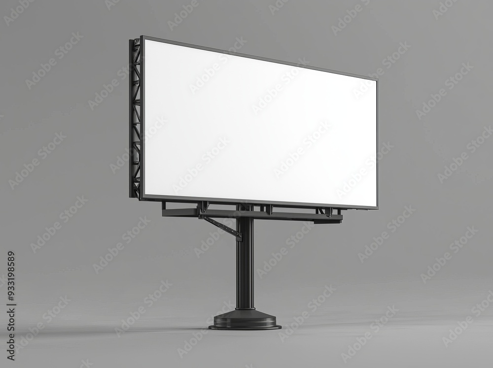 Poster A mock up of a blank white banner on a city billboard. 3D rendering. An empty billboard mockup in perspective, isolated from the street. A canvas template on a city street sign. An outdoor poster