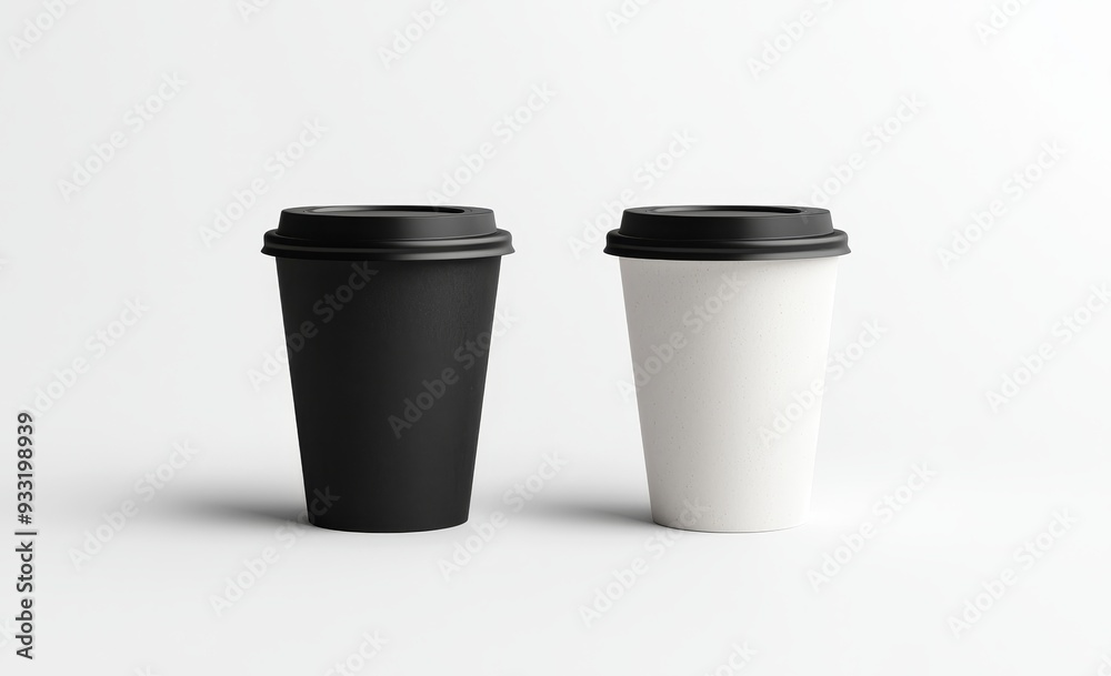 Poster black and white disposable paper cup with opened plastic lid mock up isolated, 3d rendering. empty c