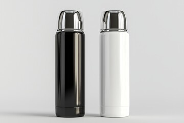 Printed black and white closed thermos mockup, isolated on white. Empty traveler's bottle mockup. Clear container template. Plain thermo mug for tea or coffee.