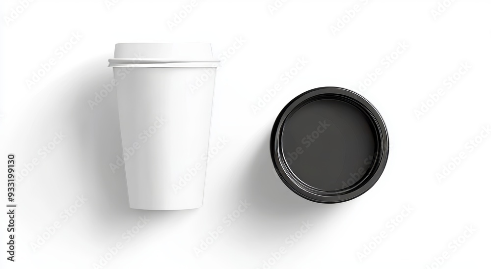 Poster a white disposable paper cup mockup lying on a flat surface showing a plastic lid isolated in 3d. em