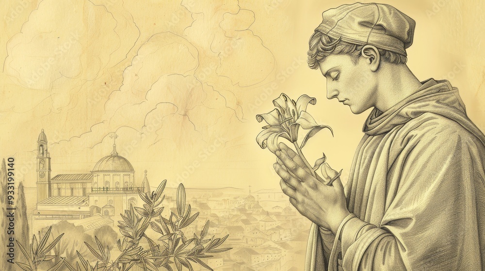 Wall mural saint anthony of padua's deep faith in prayer, holding a lily, serene church, piety and dedication, 