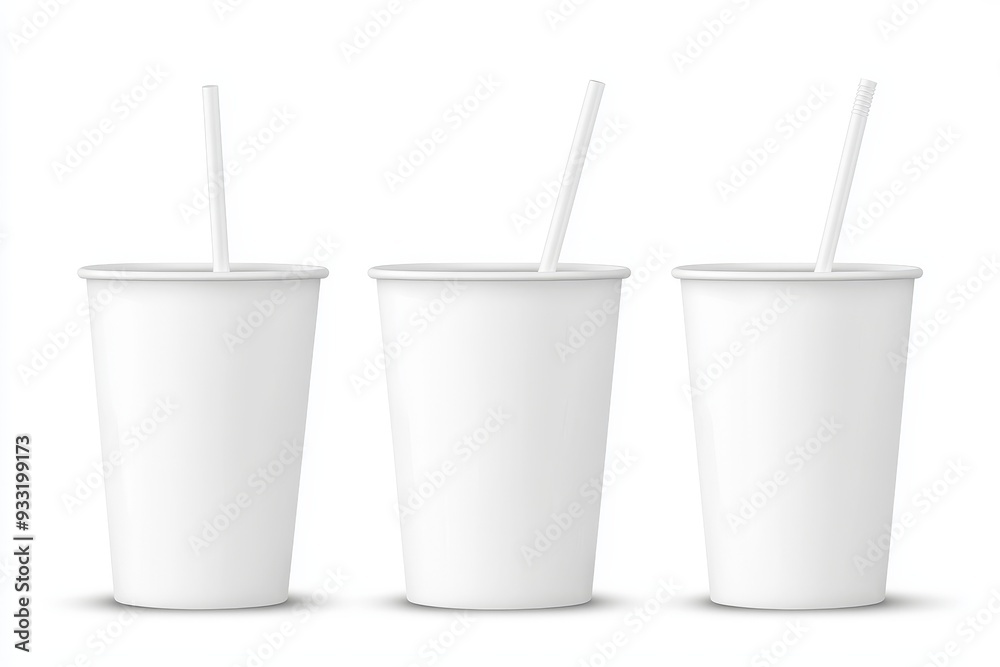 Poster isolated white disposable cup mock up set with straw. empty paper soda mug mockup with lid and tube 