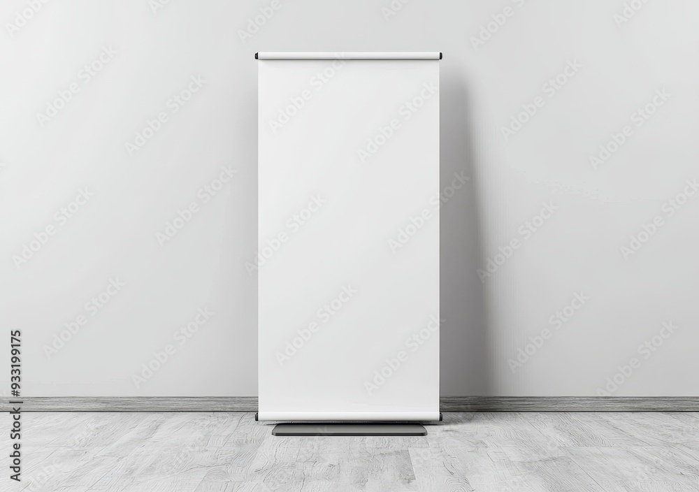 Aufkleber The blank white roll-up banner display mockup with side views, 3D rendering. The empty roll-up banner design mockup on gray background. The clear roller sign board template stand for banner.
