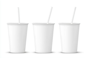Isolated white disposable cup mock up set with straw. Empty paper soda mug mockup with lid and tube different sizes. Clear cola take away bottle in plastic packaging.