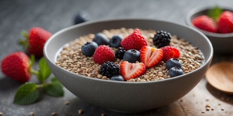 A bowl of buckwheat porridge topped with fresh berries and a sprinkle of chia seeds a satisfying and wholesome breakfast option.