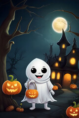 Happy Halloween Trick or Treat Background with ghost carrying a bag for candy.