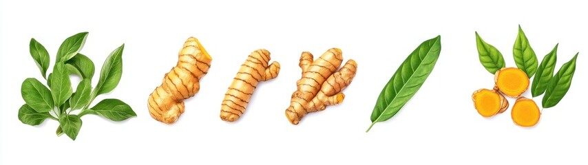 Obraz premium Turmeric Roots and Leaves Isolated on White Background
