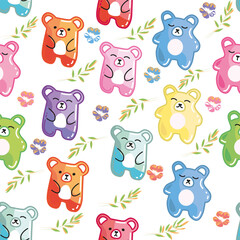 Colorful sweet jelly bears, gummy candies on flower background. Seamless pattern. Texture for fabric, wallpaper, decorative print.