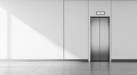 In this mockup, a blank silver elevator offers a front view of a floor interior. The lift is empty and placed close to a concrete wall. This is a mockup it can be used for a business center or hotel