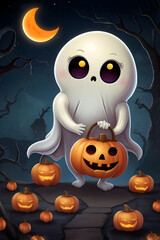 Happy Halloween Trick or Treat Background with ghost carrying a bag for candy.