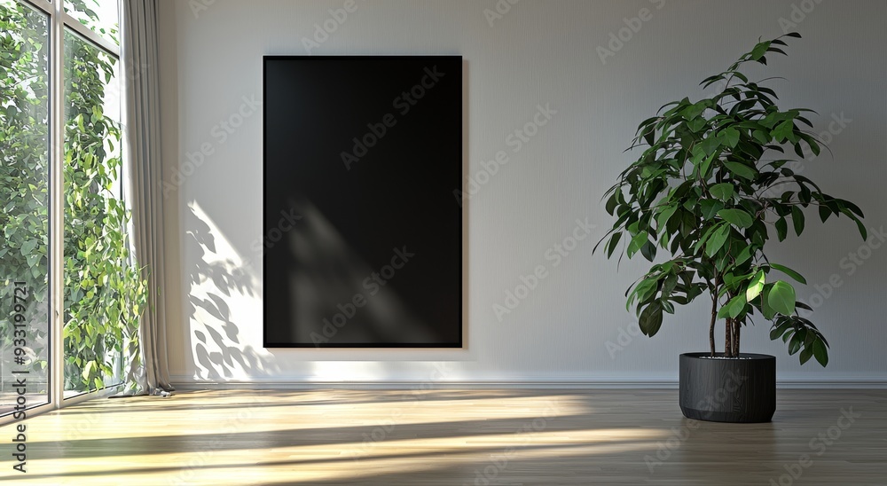 Aufkleber An empty art placard with frame in the front view of a museum mockup, isolated on white. A clean photo cadre canvas template with a blank black paper poster.