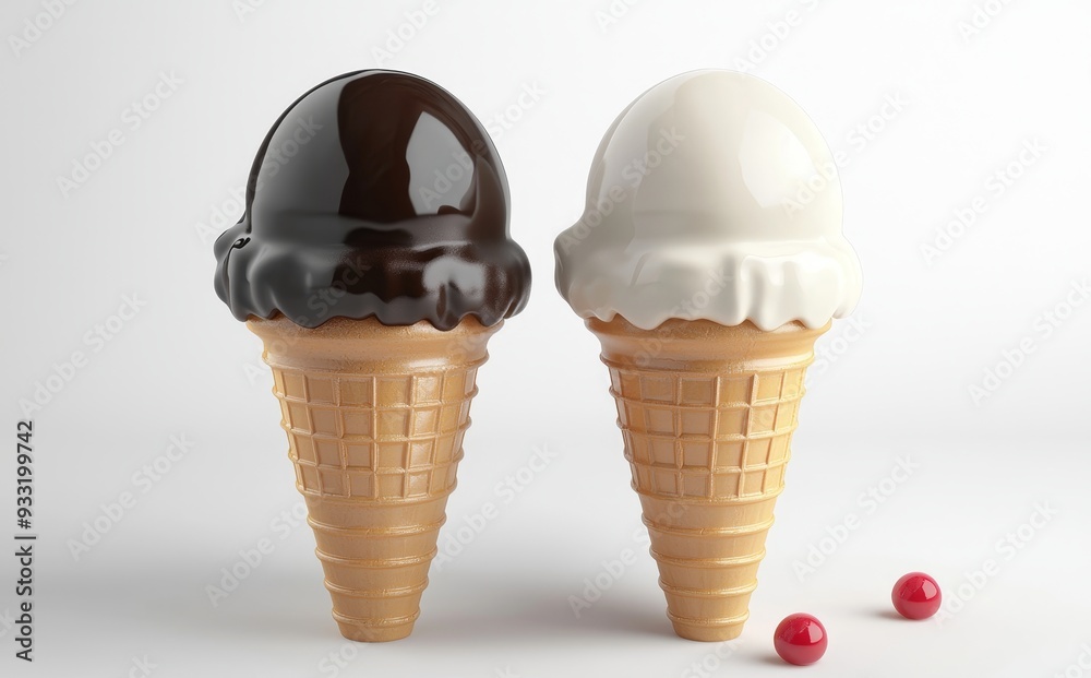 Poster isolated, 3d rendering of a black and white ice cream cone. side view of an empty vanilla and chocol