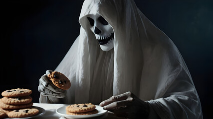 Halloween ghost eating round cookies biscuits.
