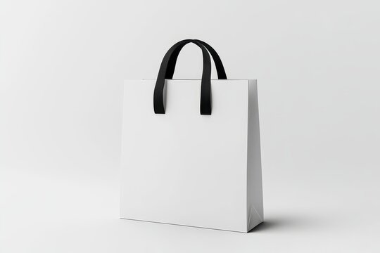 A blank white paper gift bag with black silk handle mockup, isolated, 3d rendering. A blank plastic packet mockup, side view. A beautiful package template.