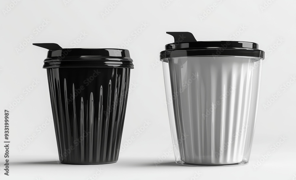 Poster this mockup features two black and white craft coffee cups with a carrier holder, isolated on a back