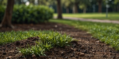 A picture of a park s luscious green lawn damaged by pests and a dirt molehill would be ideal for a copy space image.