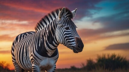 Obraz premium A zebra standing in front of a colorful sky.