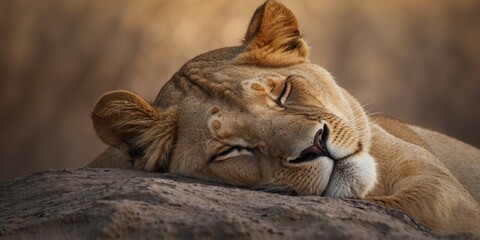 Lioness sleeping in the wilderness nature Wild cat animal, tired African safari wildlife predator lying and resting.