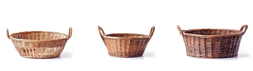Fototapeta premium Brown Wicker Baskets with Handles on a White Background