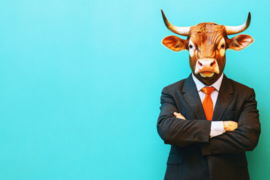 A bull in a business suit standing against a bright blue wall, crossing its arms with a confident expression, symbolizing strength and power.