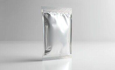 Isolated, side view, 3D rendering of white sachet packet mockup. Empty sealed parcel with salt, pepper, sugar, tea. Clear, airtight small bag for medications.