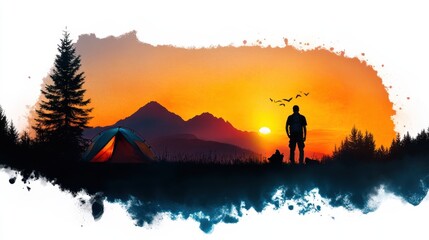 Obraz premium Serene Mountain Campsite at Dawn with Watercolor Splashes - Camping Adventure in Nature