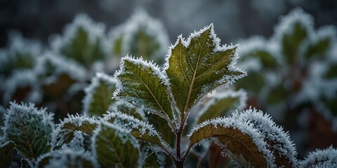 Cold winter day captures hoarfrost on leaves in a captivating copy space image.