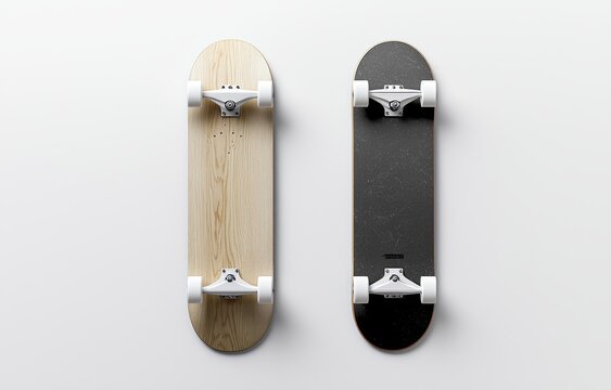 Mockup of a blank white wooden skateboard from front and back