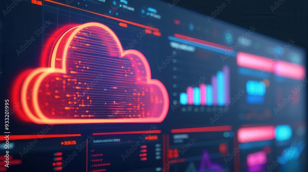Poster futuristic cloud computing interface showcasing data analysis, graphs, and visualizations in a vibra