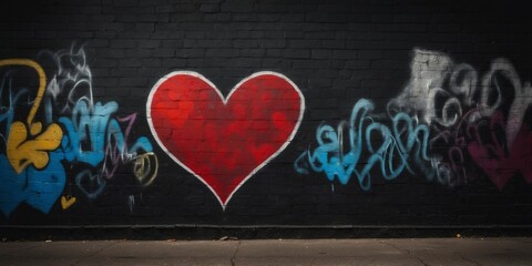 graffiti with a heart shape as a love symbol on black wall.