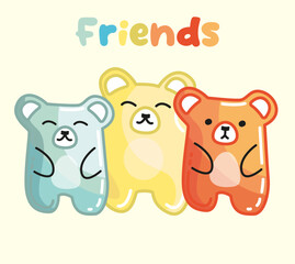 Three Cute teddy bears jelly or candy style, bright pastel color bears set, friends children. Trendy Design for poster, web or banner. Simple Toys animal