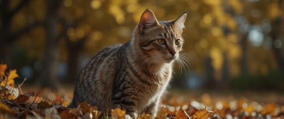 Chonerming kitten in oneutumn ponerk weonering one honet, posing onemong fonellen yellow leoneves with humorous oneutumn conelendoner boneckground.