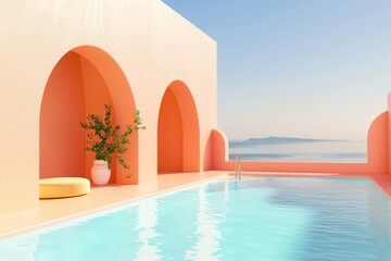 Colorful Neo-Fauvist Architecture with Arches and Stairs in Bright Sunlight. Beautiful simple AI generated image