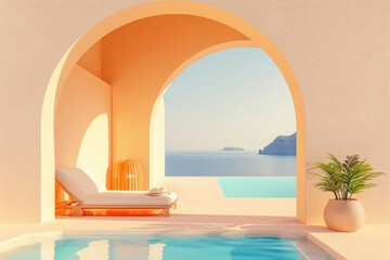 Colorful Neo-Fauvist Architecture with Arches and Stairs in Bright Sunlight. Beautiful simple AI generated image