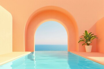 Fototapeta premium Colorful Neo-Fauvist Architecture with Arches and Stairs in Bright Sunlight. Beautiful simple AI generated image